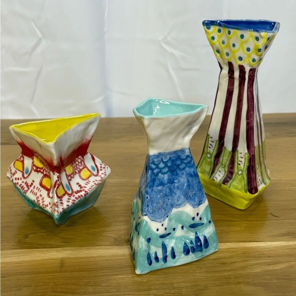 Colorful Hand Painted Ceramic Bud Vase Set Folk Art Boho Decor Set of 3